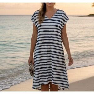 Lands End Shift Dress Women 2X White Navy Striped High Low V-Neck Beach Cover Up